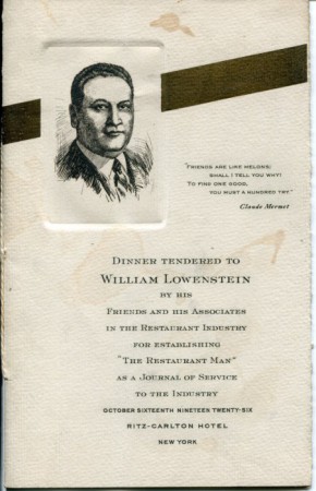 Festessen für William Lowenstein New York 1926